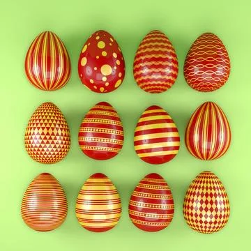 3d render of 12 red and gold easter eggs on green background. Stock Illustration