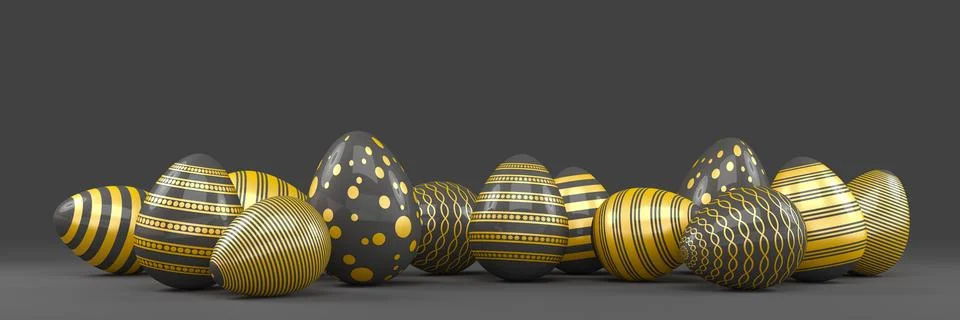 3d render of 13 black and gold easter eggs on black background. Stock Illustration