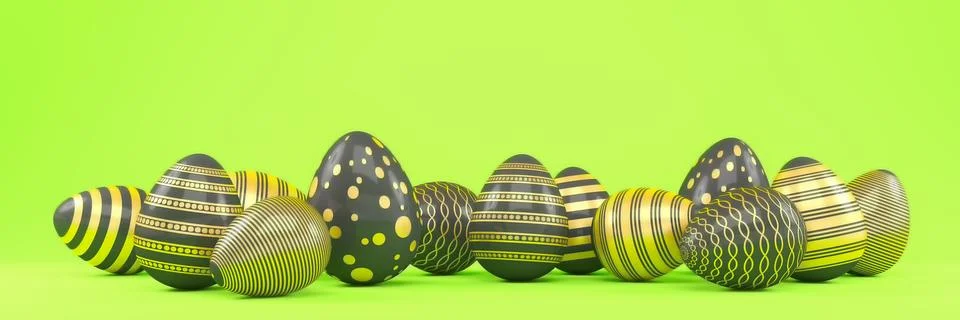 3d render of 13 black and gold easter eggs on green background. Stock Illustration