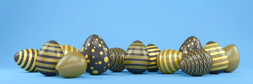 3d render of 13 black and gold easter eggs on blue background. Stock Illustration