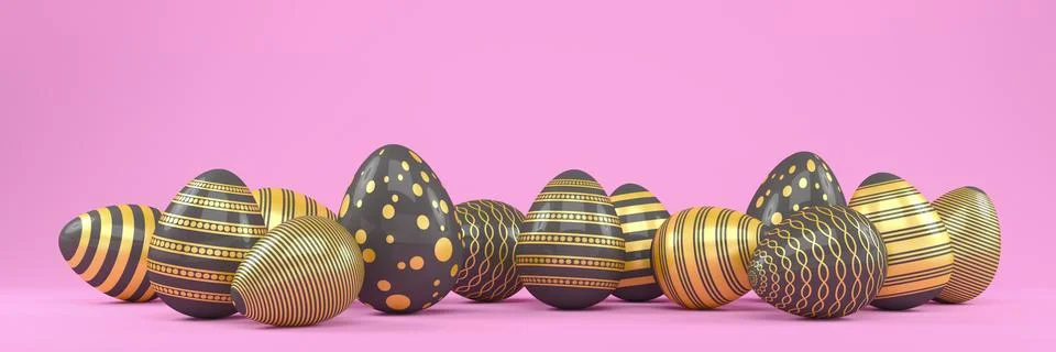 3d render of 13 black and gold easter eggs on pink background. Stock Illustration