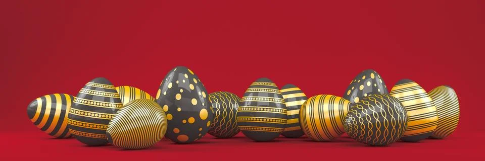 3d render of 13 black and gold easter eggs on red background. Illustrazione stock