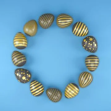 3d render of 13 black and gold easter eggs on blue background. Stock Illustration