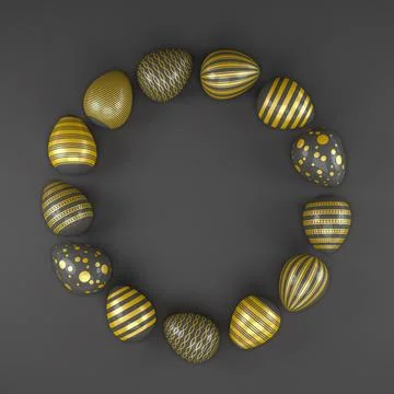 3d render of 13 black and gold easter eggs on black background. Stock Illustration