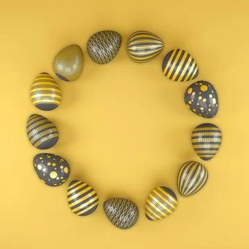 3d render of 13 black and gold easter eggs on yellow background. Stock Illustration
