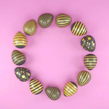3d render of 13 black and gold easter eggs on pink background. Stock Illustration