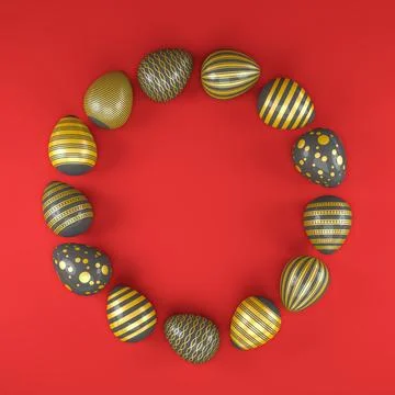 3d render of 13 black and gold easter eggs on red background. Illustrazione stock