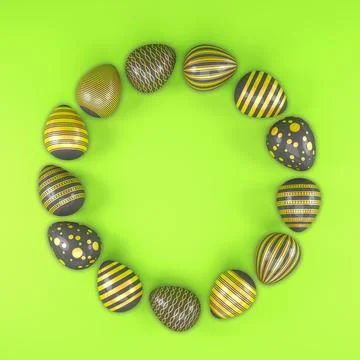 3d render of 13 black and gold easter eggs on green background. Stock Illustration