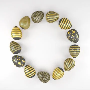 3d render of 13 black and gold easter eggs on white background. Stock Illustration
