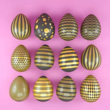 3d render of 13 black and gold easter eggs on pink background. Stock Illustration