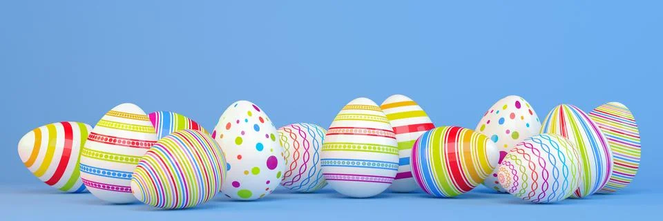 3d render - 13 colorfu Easter eggs on blue background Stock Illustration