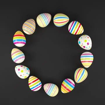 3d render of 13 colorful easter eggs on black background. Stock Illustration