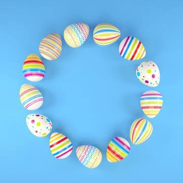3d render of 13 colorful easter eggs on blue background. Stock Illustration