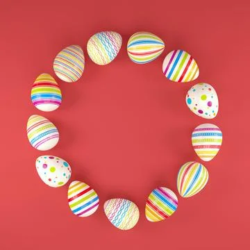 3d render of 13 colorful easter eggs on red background. Ilustración de archivo