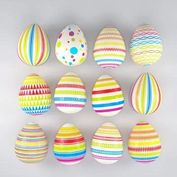 3d render of 13 colorful easter eggs on white background. Stock Illustration