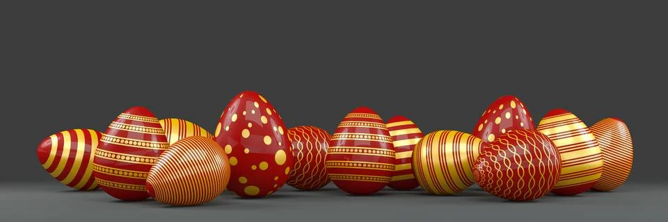 3d render of 13 red and gold easter eggs on black background. Illustrazione stock
