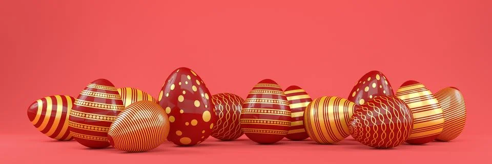 3d render of 13 red and gold easter eggs on red background. Illustrazione stock