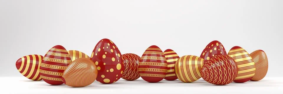 3d render of 13 red and gold easter eggs on white background. Stock Illustration