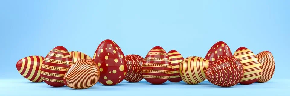 3d render of 13 red and gold easter eggs on blue background. Illustrazione stock