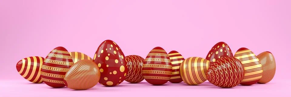 3d render of 13 red and gold easter eggs on pink background. Illustrazione stock