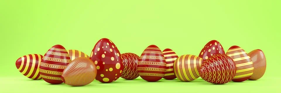 3d render of 13 red and gold easter eggs on green background. Illustrazione stock