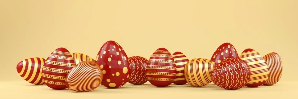 3d render of 13 red and gold easter eggs on yellow background. Ilustración de archivo