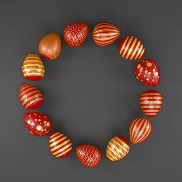 3d render of 13 red and gold easter eggs on black background. Stock Illustration