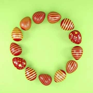 3d render of 13 red and gold easter eggs on green background. Illustrazione stock