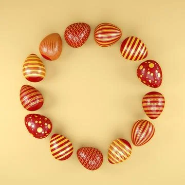 3d render of 13 red and gold easter eggs on yellow background. Illustrazione stock