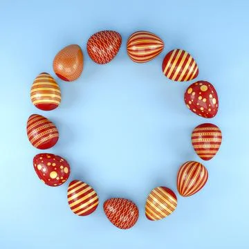 3d render of 13 red and gold easter eggs on blue background. Illustrazione stock