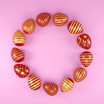 3d render of 13 red and gold easter eggs on pink background. Stock Illustration