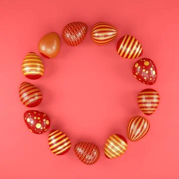 3d render of 13 red and gold easter eggs on red background. Stock Illustration