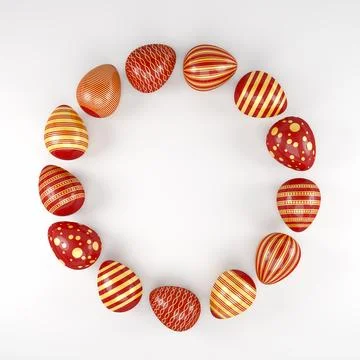 3d render of 13 red and gold easter eggs on white background. Stock Illustration