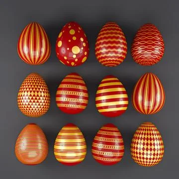 3d render of 13 red and gold easter eggs on black background. Illustrazione stock