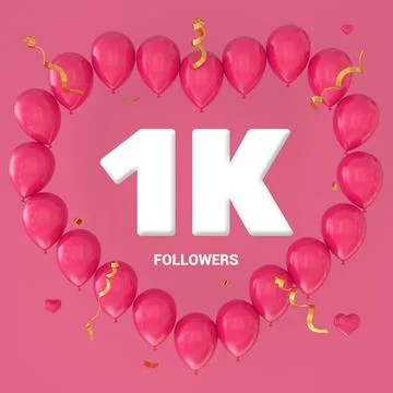 3D render of "1K Followers" text on a pink background with a large heart-shap Stock Illustration