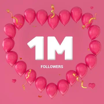 3D render of "1M Followers" text on a pink background with a large heart-shap Stock Illustration