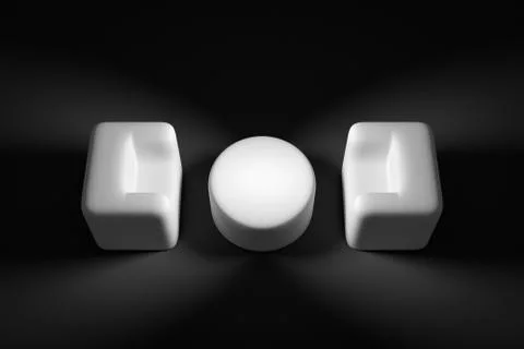3D render 2 white cartoonish soft chairs stand against each other, between th Stock Photos