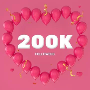 3D render of "200K Followers" text on a pink background with a large heart-sh Stock Illustration