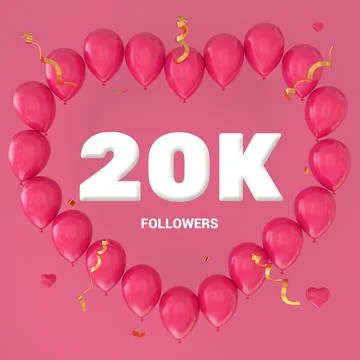 3D render of "20K Followers" text on a pink background with a large heart-sha Stock Illustration