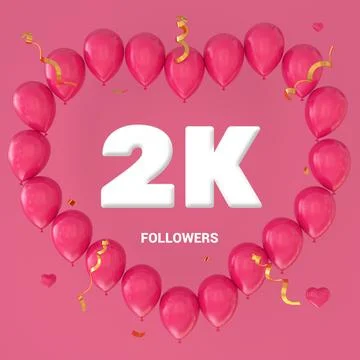 3D render of "2K Followers" text on a pink background with a large heart-shap Stock Illustration