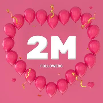 3D render of "2M Followers" text on a pink background with a large heart-shap Stock Illustration