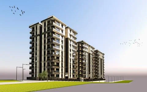 3d render of 3 buildings exterior Ilustración de archivo