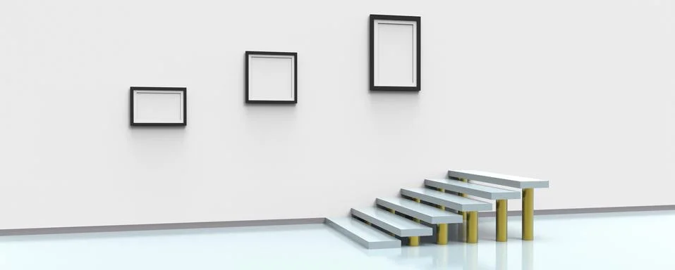 3D Render of 3 Photo Frame Templates on a White Wall Above Staircase Support Illustrazione stock