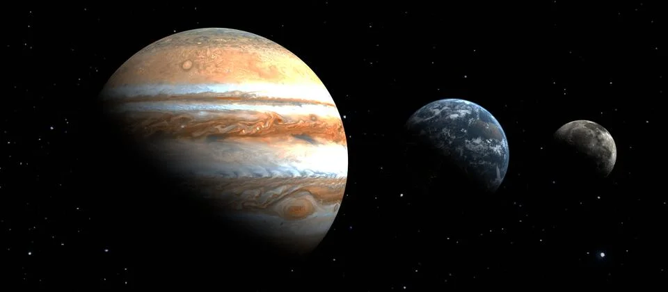 3D Render of 3 Planets , Jupiter earth and moon on black star background Stock Illustration