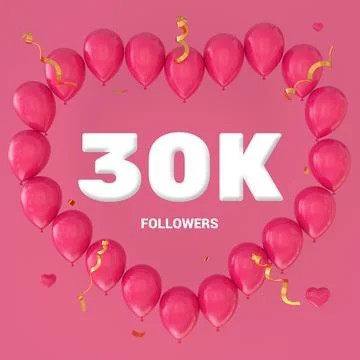 3D render of "30K Followers" text on a pink background with a large heart-sha Stock Illustration