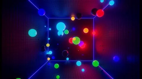 3d render. 3D abstract creative background with neon glow multi-colored spheres Illustrazione stock