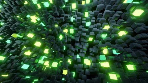 3d render. 3d abstract dark geometric bg with gray cubes flash with green neon Stock Illustration