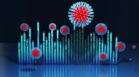 3d render. 3d abstract graph of columns or bars around which coronaviruses like Stock Illustration