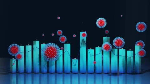 3d render. 3d abstract graph of columns or bars around which coronaviruses like Stockillustratie