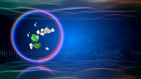 3d render. 3d abstract low poly object inside a neon light ring over 스톡 일러스트